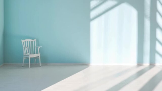 Bright and airy room with blue walls and a white chair illuminated by natural light and shadows