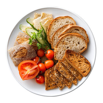 Food bread plate meal, A beautifully arranged plate of different types of bread, including crusty rolls and slices, perfect for a dining experience, isolated on transparent background