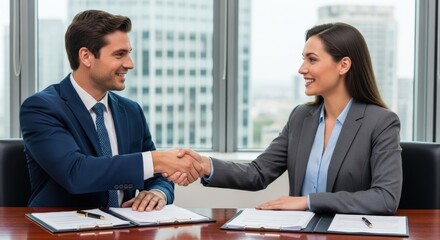 Business meeting: man and woman shaking hands in an office setting.