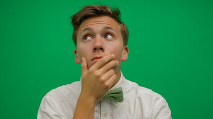 A pensive young man with a light green bow tie looking upwards, deep in thought, against a green screen.