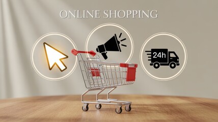 Online Shopping Icons: A visually engaging composition highlighting online shopping, featuring icons like a cursor, megaphone, shopping cart and delivery van.