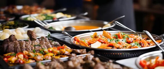 Enjoying a delicious buffet of grilled meats and vibrant dishes at a local restaurant in the evening