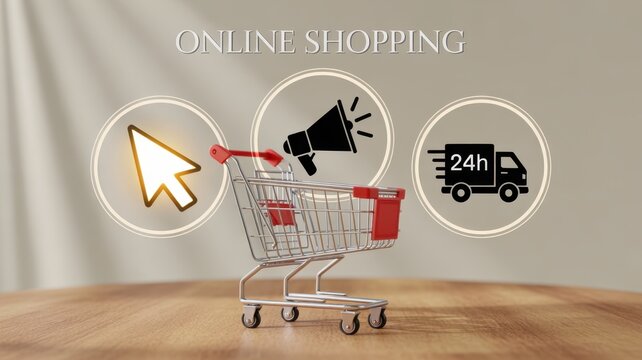 Online Shopping Icons: A visually engaging composition highlighting online shopping, featuring icons like a cursor, megaphone, shopping cart and delivery van.