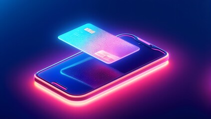 Digital illustration of smartphone and credit card in neon blue, pink, and purple tones representing contactless payment and fintech.