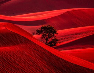 Red desert landscape with lone tree