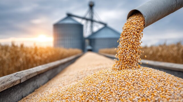 Corn grains pouring from pipe at farm silo