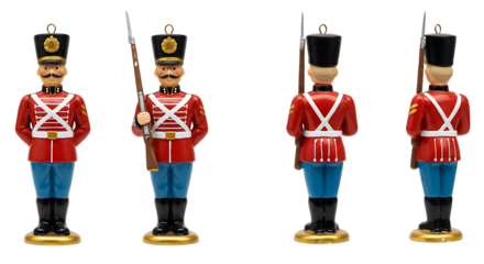 Christmas Ornament Toy Soldier with Rifle in Red Uniform and Multiple Views, Transparent Background