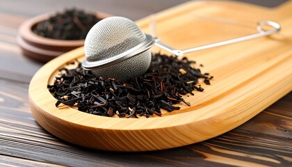 Wooden board with loose leaf tea and a tea infuser