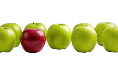 A single red apple amongst a row of green apples