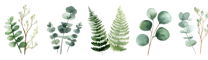 Watercolor-style botanical illustration of various leaves and branches.  Set of stylized foliage elements in muted greens and light greys, with hints of brown for stems.  