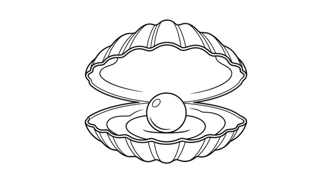 A simple black and white line drawing of an open oyster shell with a single, round pearl inside.