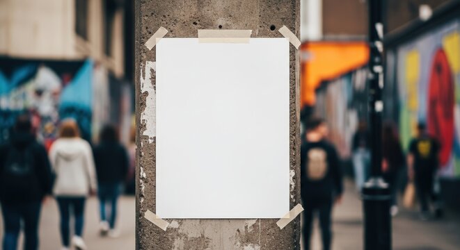 Blank poster attached to a concrete pillar in a busy urban street.