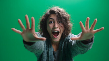 Scared young woman screaming in terror with her hands outstretched towards the camera against a green screen background.