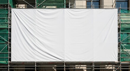 Large white banner on scaffolding in front of a building under construction.