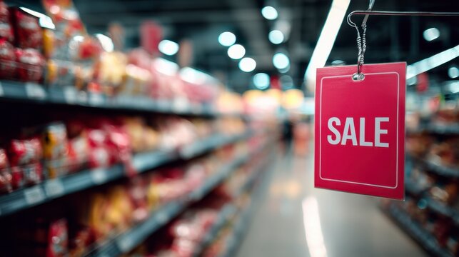 A red SALE sign hangs in a blurred supermarket aisle with shelves of products and ceiling lights visible