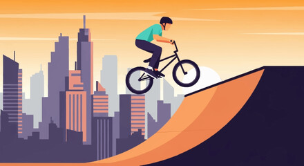 Fototapeta premium Dynamic urban extreme sports scene featuring a cyclist on a BMX bike performing an aerial stunt against a vibrant city skyline at sunset