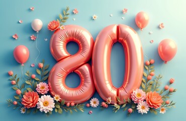 Festive illustration for 80th birthday features large rose gold balloons forming number 80, adorned with delicate flowers, leaves against soft blue background. Smaller pink, white balloons add to
