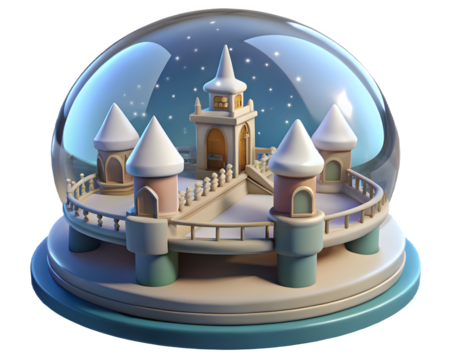 Whimsical winter snow globe featuring a fantasy castle with spires and a detailed courtyard isolated on transparent background
