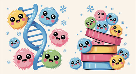 Cute cartoon microbes with DNA helix and petri dishes, colorful science vector illustration for kids, education, biology design