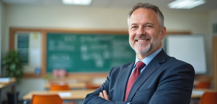 Portrait of smiling high school principal in classroom. Mature teacher with beard in suit, red tie. Leads with authority. Concept of education, school system, student life, success, academic