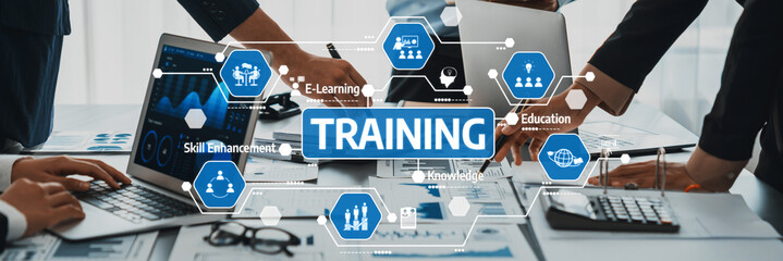 A dynamic training session showcasing collaborative learning methods, emphasizing e-learning and skill enhancement in a modern office setting, fostering knowledge sharing among participants. Amity