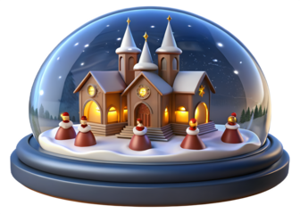 Enchanting winter scene inside a magical snow globe featuring a charming fairytale castle with glowing windows and festive figures isolated on transparent background