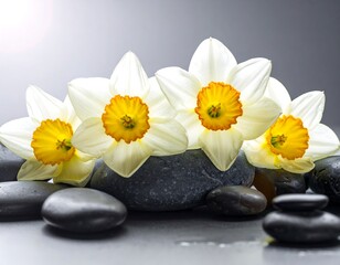 White daffodils on dark stones