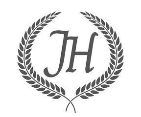 Initial letter J and H, JH monogram logo design with laurel wreath. Luxury calligraphy font.