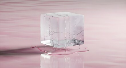Melting Ice Cube: Fractured Crystal Pink Reflection Minimalist Still Life.