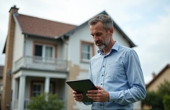 Man in front of house uses tablet. Homeowner reads insurance estimate, claims report. Broker assists client with real estate assessment, contract, policy agreement. Property inspection.