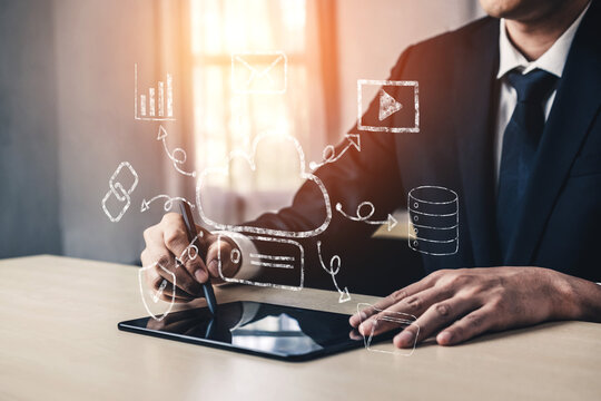 A hand drawn doodle of a cloud computing services ecosystem. A creative sketch of a network for data storage, sharing, and online applications. Motif