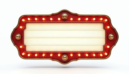 Retro cinema marquee sign with glowing bulbs, red and gold frame, and blank message space. Vintage style signboard suitable for theaters, casinos, or events. Offers custom text capability.