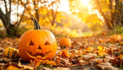 A carved orange gourd with a friendly face sits amongst fallen leaves in a sun-drenched autumnal setting, path visible