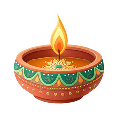 Traditional indian diya oil lamp with a bright flame burning isolated on transparent background