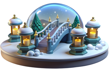 Enchanting winter scene inside a snow globe featuring a snowy bridge and lanterns isolated on transparent background