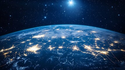 Obraz premium Night planet earth from space with light lines of communication and connection. Business and finance, concept. Global communications system and the World Wide Web. Technologies and communications.