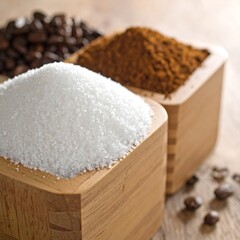 Wooden bowls filled with coffee beans, ground coffee, and sugar