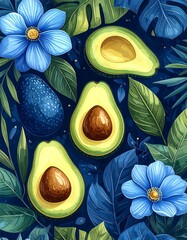 Tropical avocado art with blue flowers
