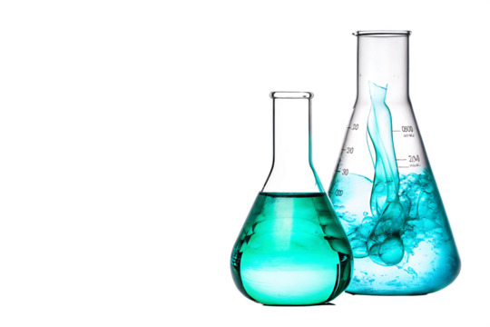 Laboratory flasks with turquoise and blue liquids isolated on a transparent background