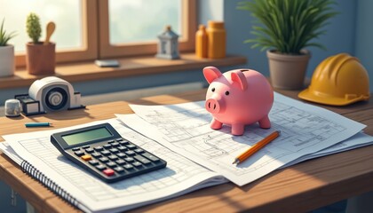 Pink piggy bank sits on construction blueprints near calculator and yellow hard hat. Saving money for home renovation or building project. Budgeting tools for remodeling and home improvement.