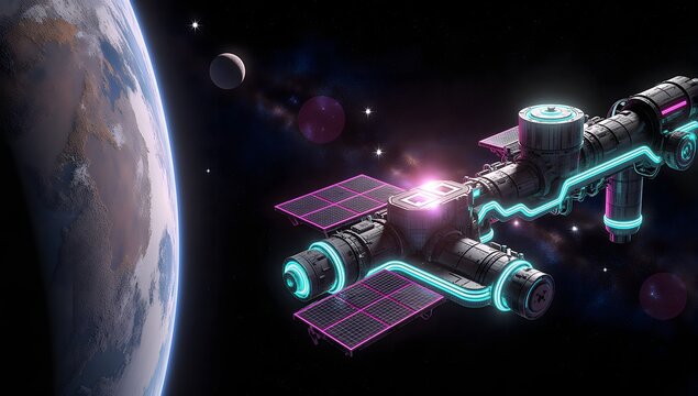 Futuristic space station orbiting planet with neon lights, solar panels, and visible moons in vibrant sci-fi cosmic setting. - Powered by Adobe