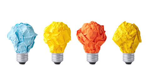 Four crumpled paper light bulbs in varying colors, arranged horizontally