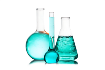 Laboratory glassware with turquoise liquid isolated on a transparent background
