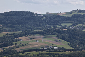 View of the fields, pastures, and forests of the Sądecki Beskids in southern Poland, the Rożnów Foothills