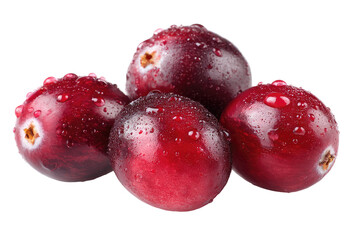 Obraz premium Close-up of four fresh cranberries. Clusters of plump, deep red berries, glistening with water droplets. Natural light highlights the juicy texture