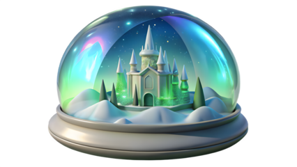 Enchanting fantasy castle inside a shimmering snow globe with colorful aurora borealis lights and fluffy clouds isolated on transparent background