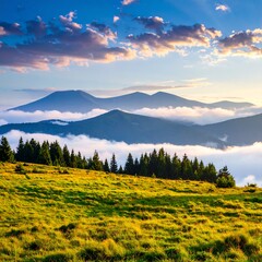 Misty mountain landscape at sunrise