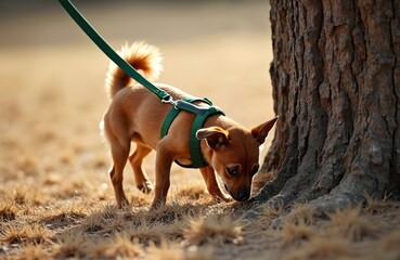 Brown dog with green harness sniffs tree base on leash. Outdoor setting dry grass. Pet enjoys scent, exploring nature. Loyal companion. Happy dog outdoors.
