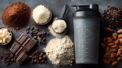 Fototapeta na wymiar A protein shaker bottle surrounded by various protein powders and almonds on a marble surface