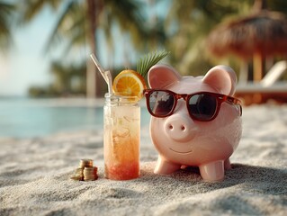A piggy bank wearing sunglasses next to a tropical drink on a beach towel, with a beach and palm trees in the background